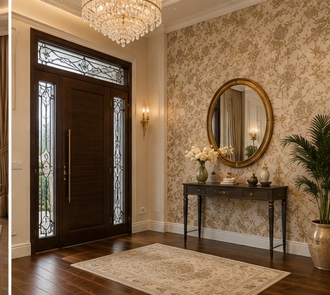 Main entrance with wallpaper and wooden flooring